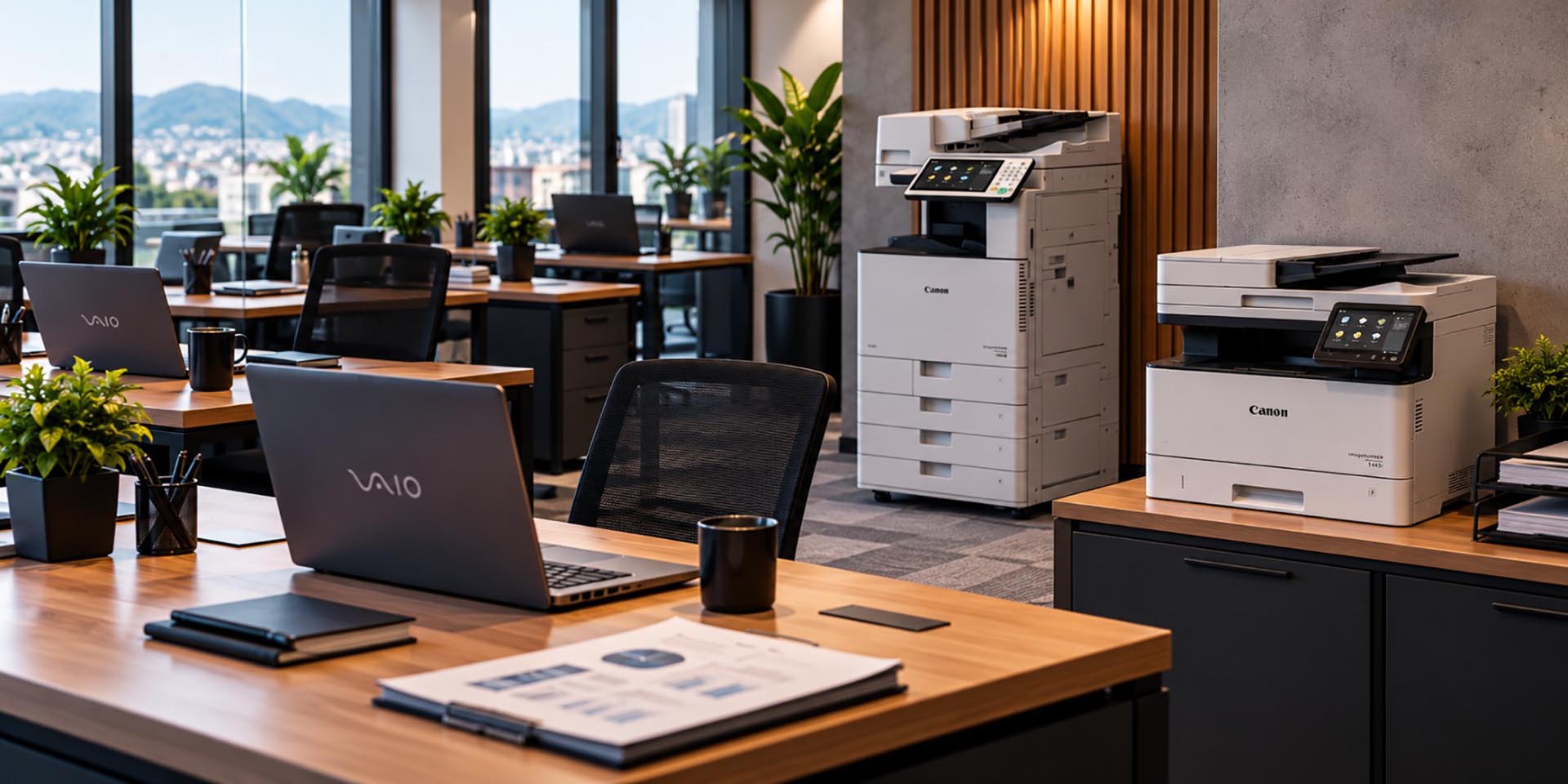 Escritório com multifuncionais Canon e notebooks Vaio WR Copiadoras